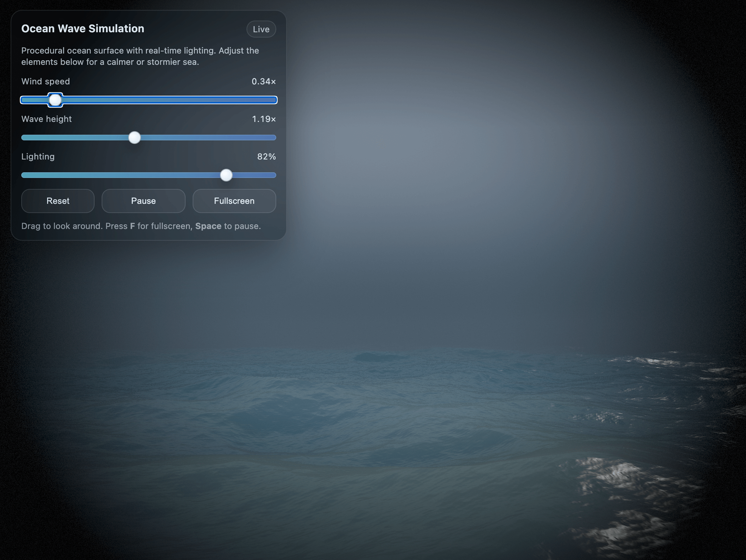 Ocean Wave Simulation — wind speed, wave height, lighting controls
