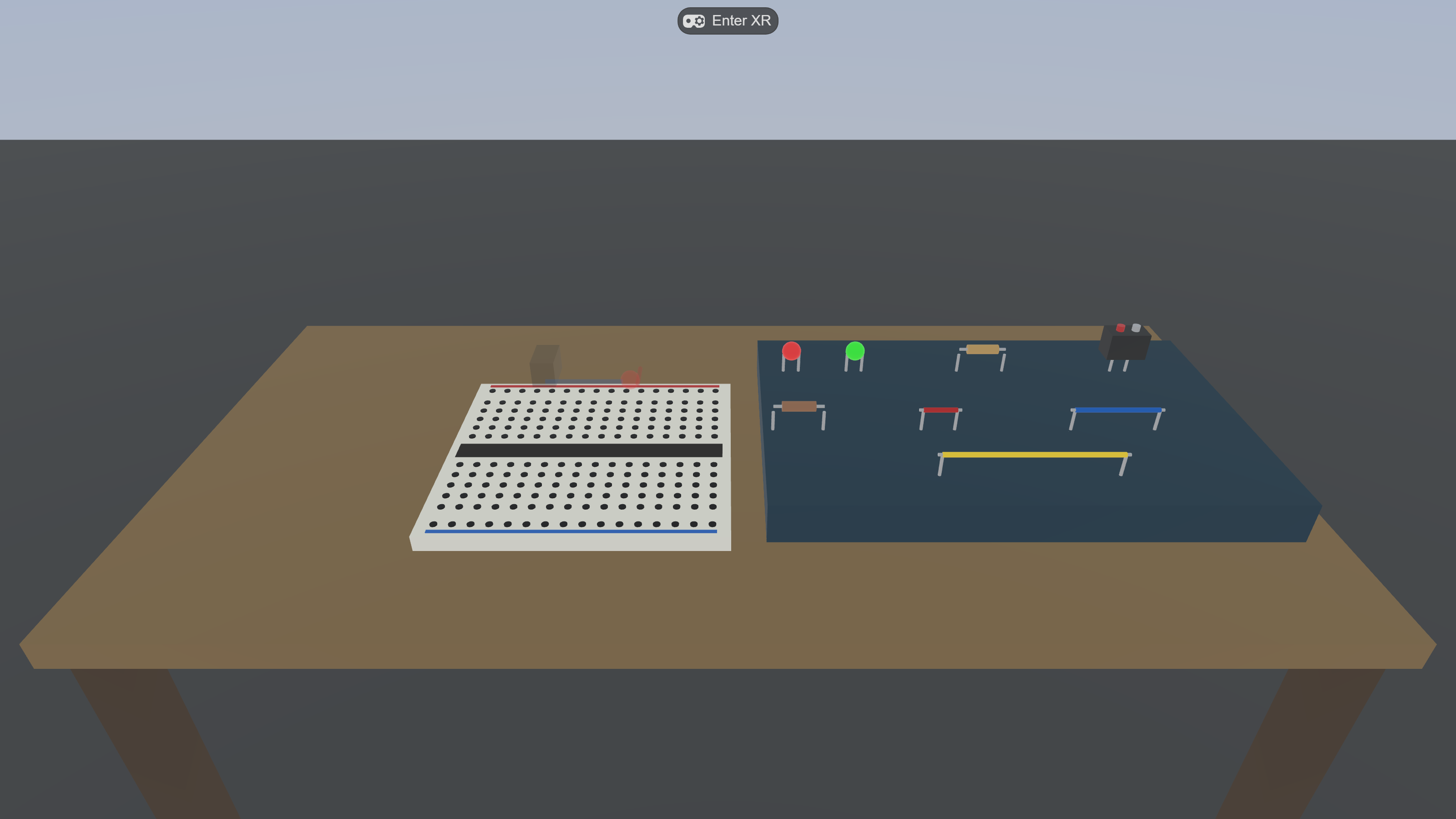 Virtual Makerspace running in WebXR — breadboard with grabbable circuit components, idle robot character, instruction HUD
