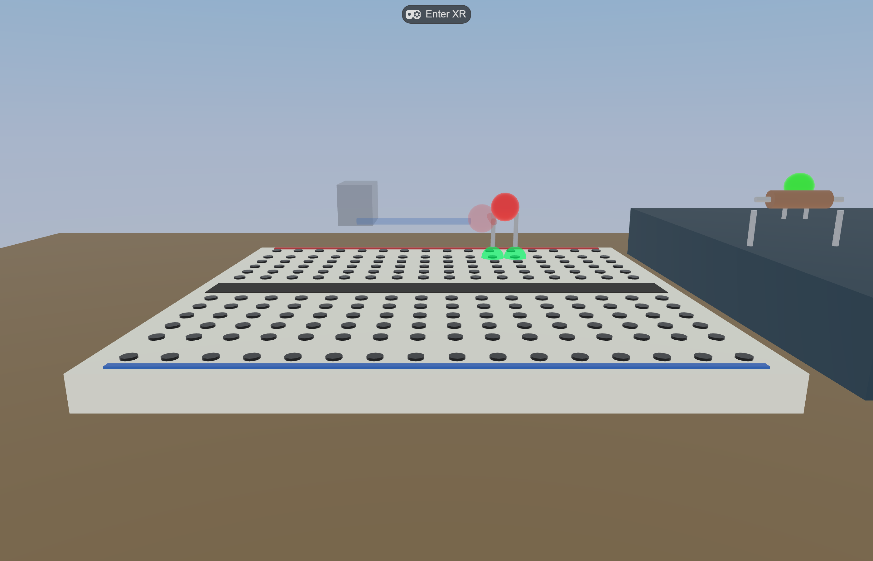 Virtual Makerspace hover-preview state — green socket markers light up while a part is held within snapping distance of two valid sockets