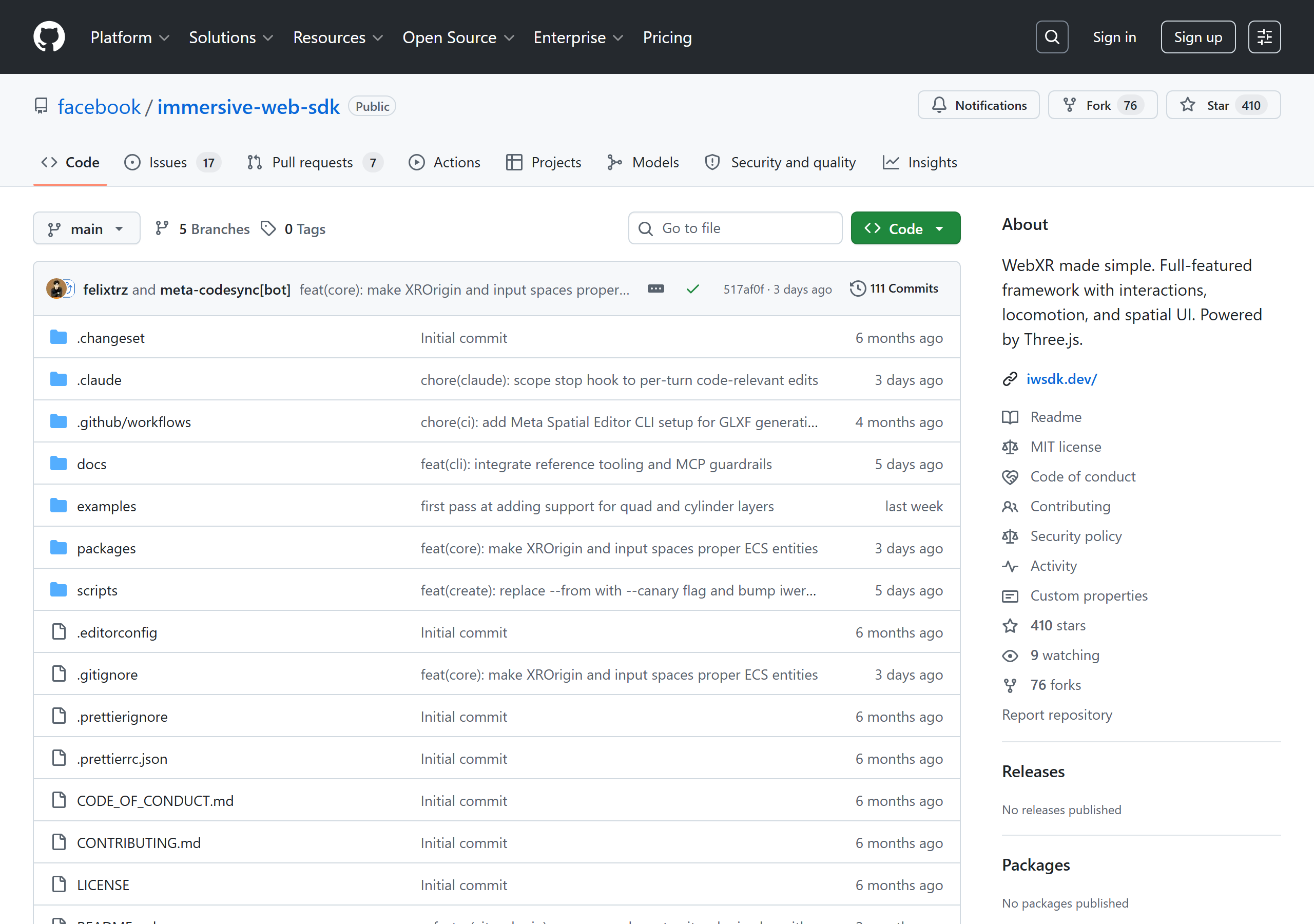 GitHub page for facebook/immersive-web-sdk showing 410 stars, 76 forks, MIT license, official one-line description, and recent commit activity