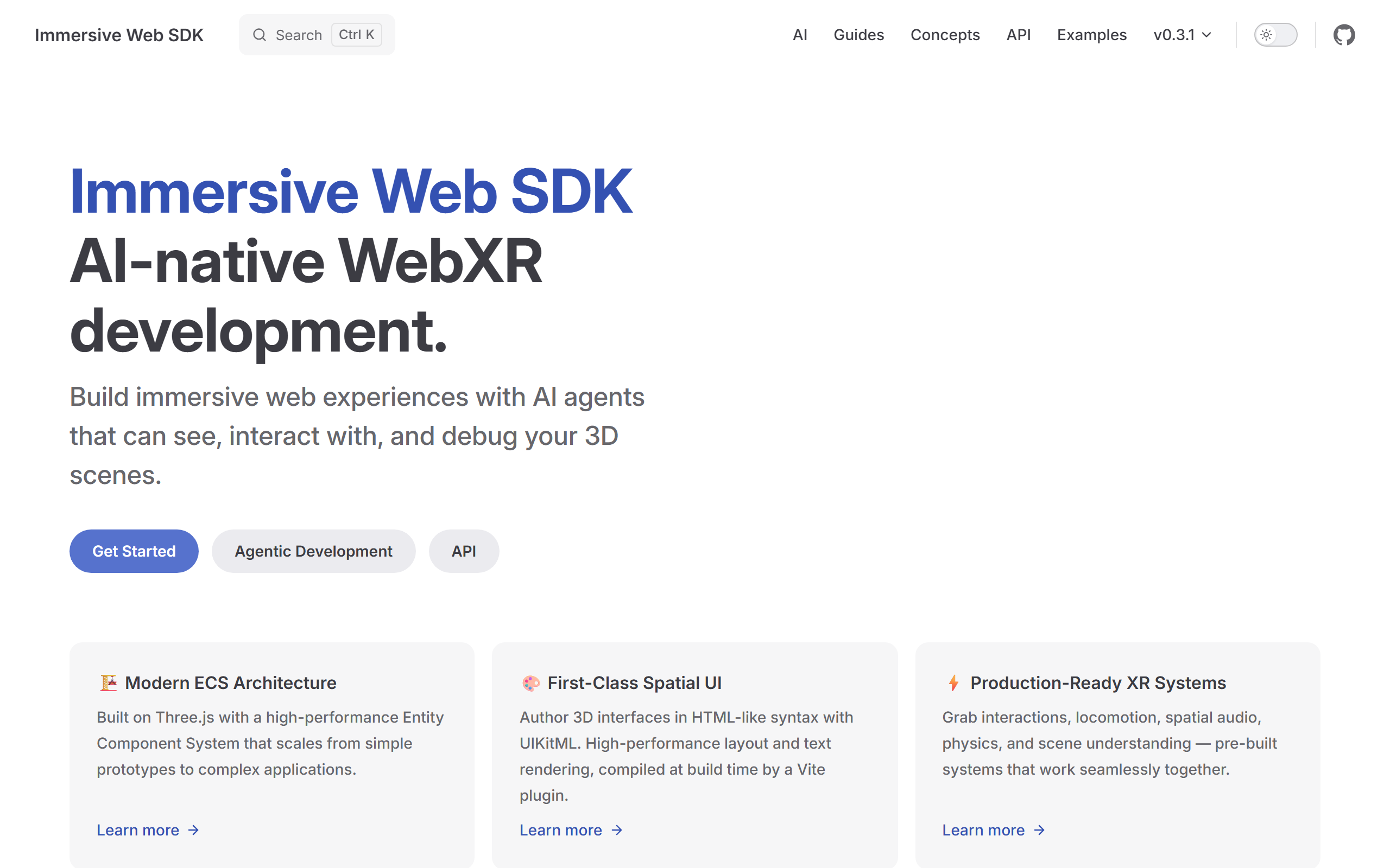 iwsdk.dev landing page showing the IWSDK headline, Get Started button, and three feature cards (Modern ECS Architecture, First-Class Spatial UI, Production-Ready XR Systems)