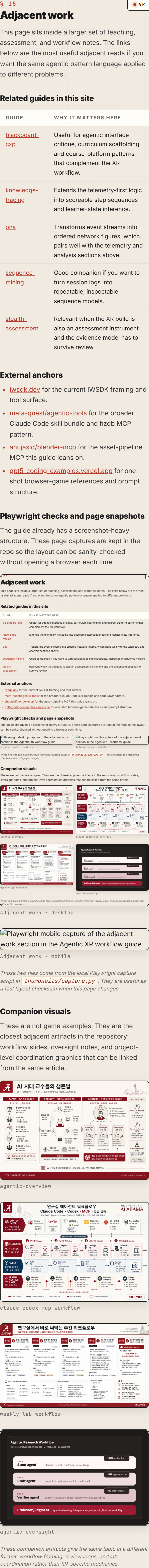 Playwright mobile capture of the adjacent work section in the Agentic XR workflow guide