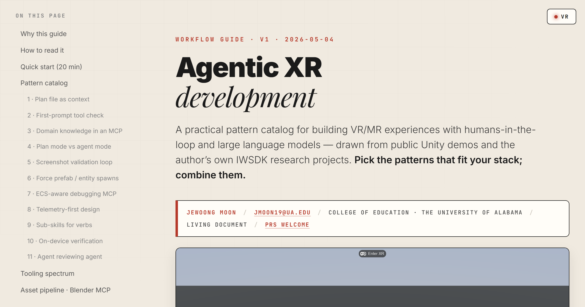 Agentic XR development guide preview &mdash; deep-space VR theme with floating cyan wireframe icosahedron, &lsquo;Agentic XR development&rsquo; headline