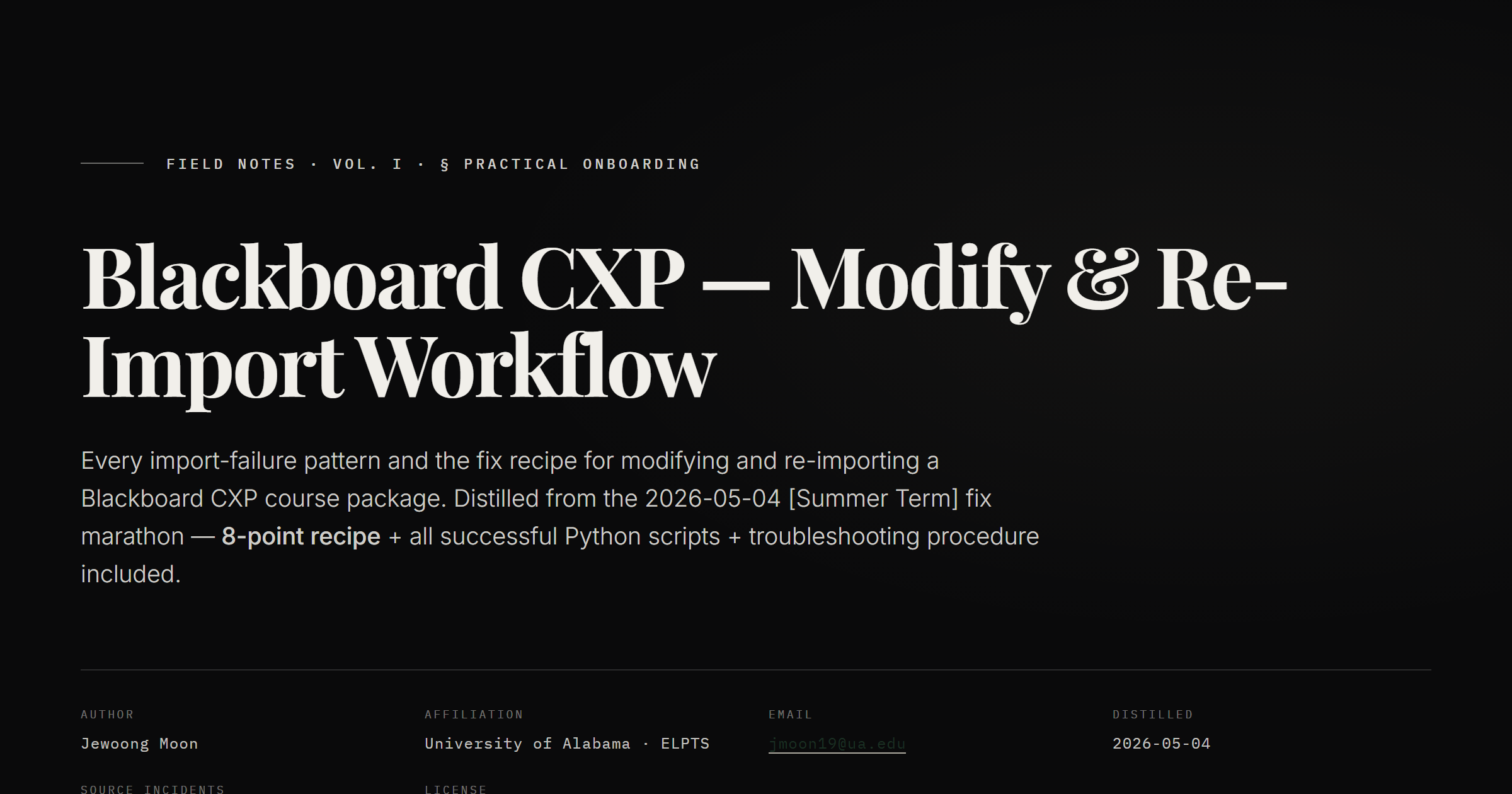 Blackboard CXP fix workflow guide preview &mdash; editorial dark hero with Playfair Display title and IBM Plex Mono meta grid showing Author, Affiliation, Email, and Distilled date