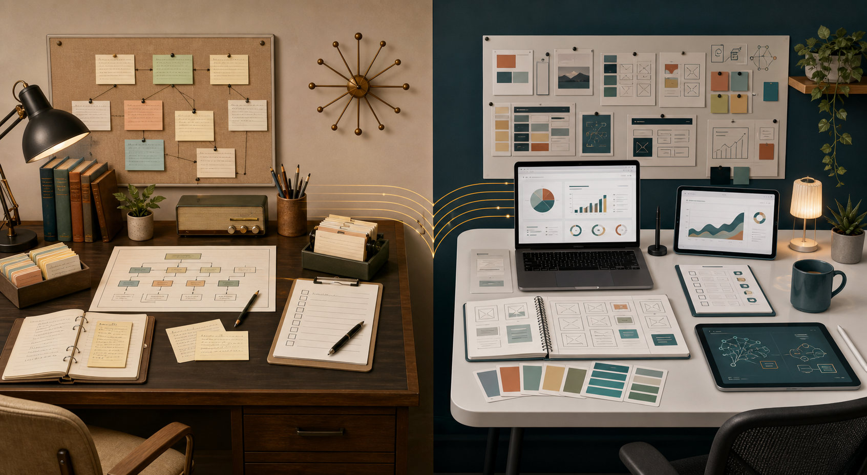 Side-by-side visual of a classic ISD desk expanding into a contemporary LDT studio