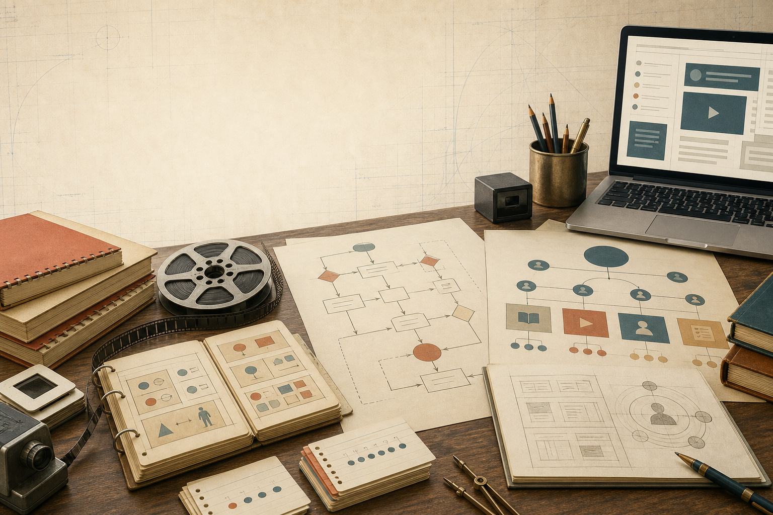 Archival instructional design studio with training manuals, film reel, flowcharts, and modern learning design tools