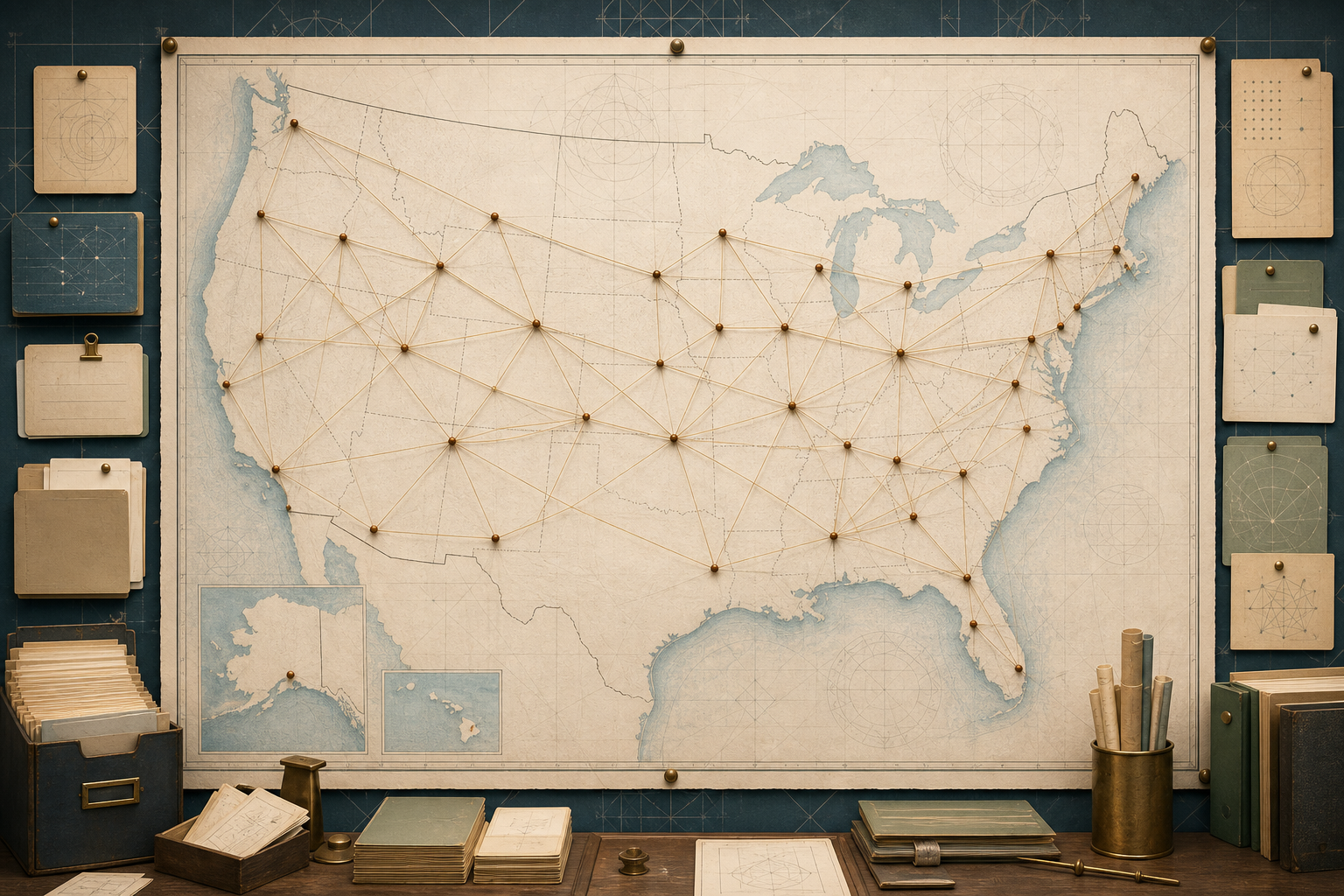 Academic archive wall with a United States map and pins for institutional lineage mapping