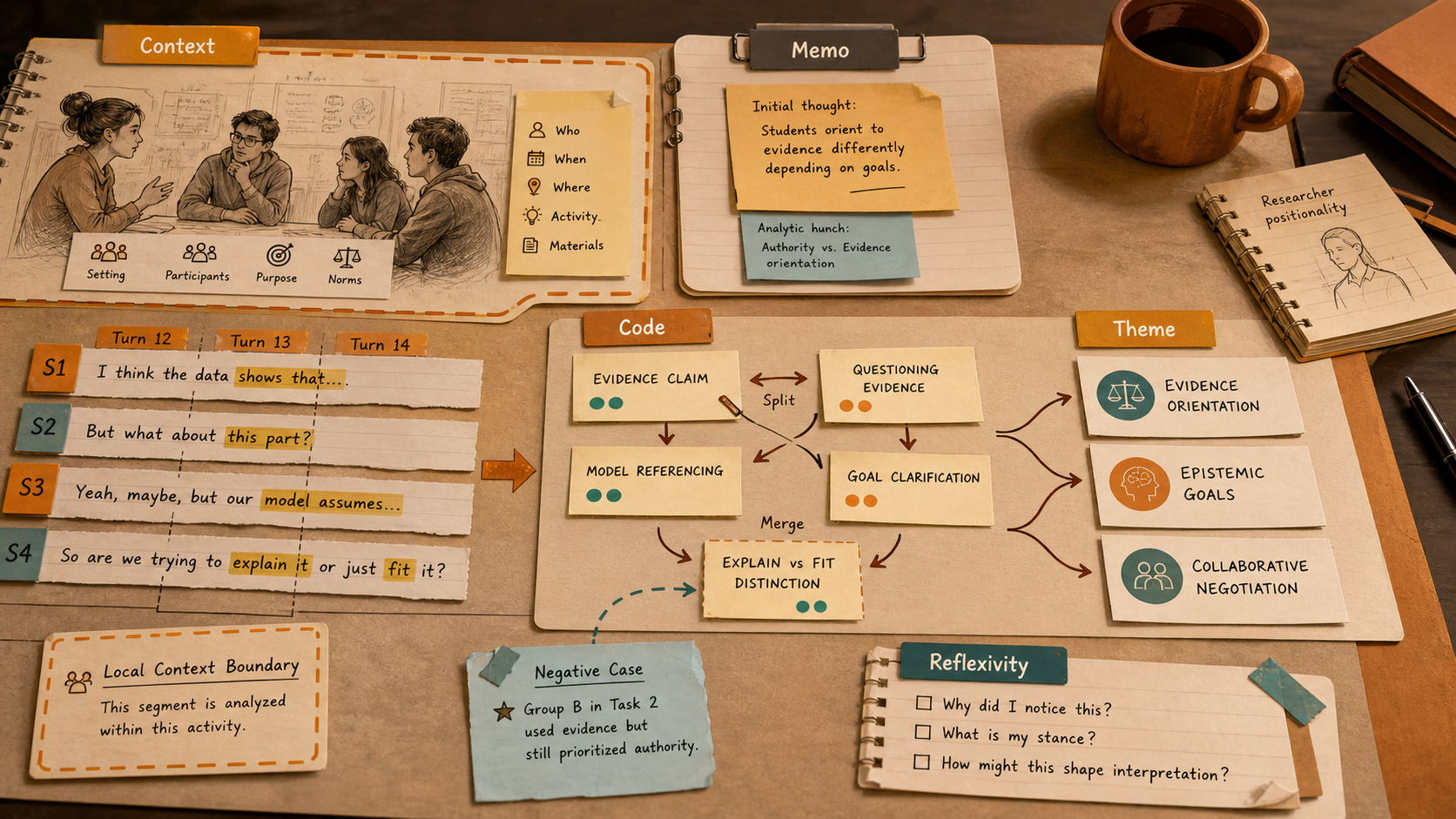 An amber qualitative coding workspace shows transcript strips, context notes, code cards, reflexive memos, and negative cases.