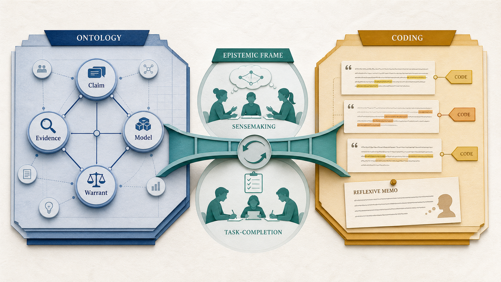 Ontology, coding, and epistemological framing appear as connected layers: stable objects, situated coding, and learner framing.