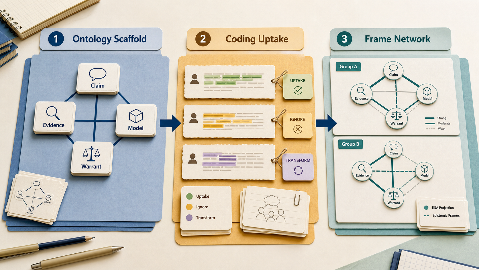 A three-stage workflow moves from ontology scaffold to coding uptake to frame network comparison.