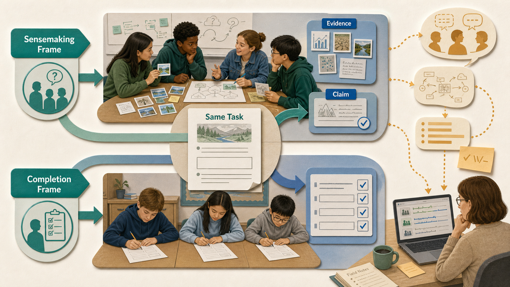 The same learning task branches into a sensemaking frame and a completion frame, with claims, evidence, and coding notes visible.