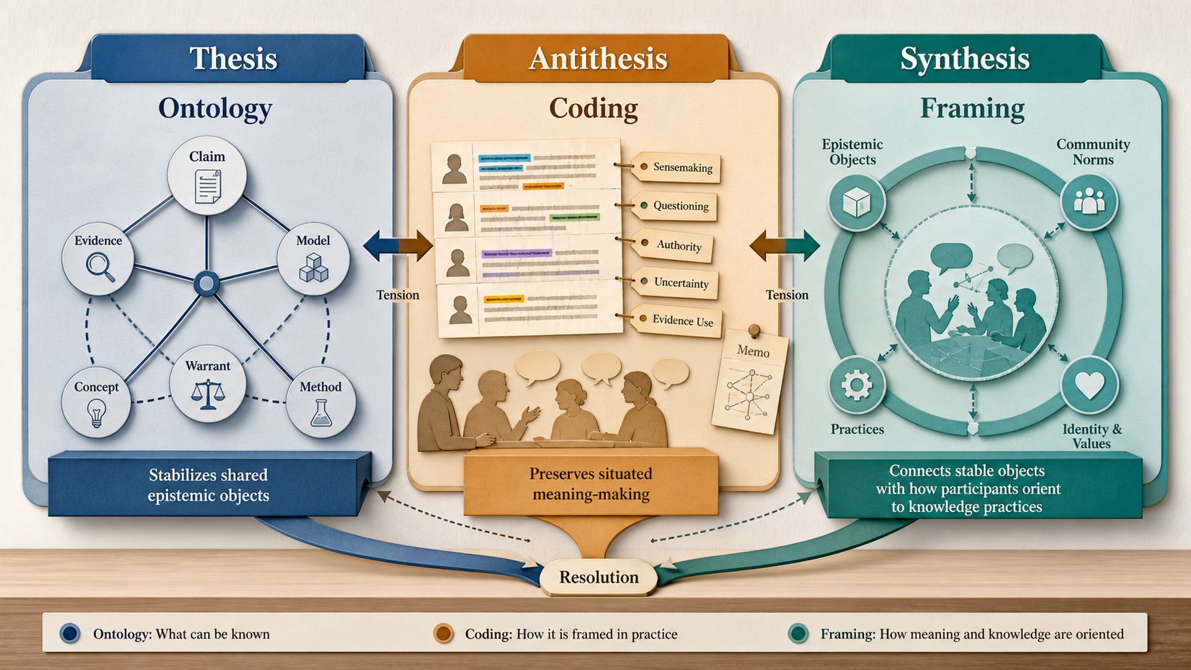 Three connected panels show thesis, antithesis, and synthesis across ontology, coding, and epistemological framing.