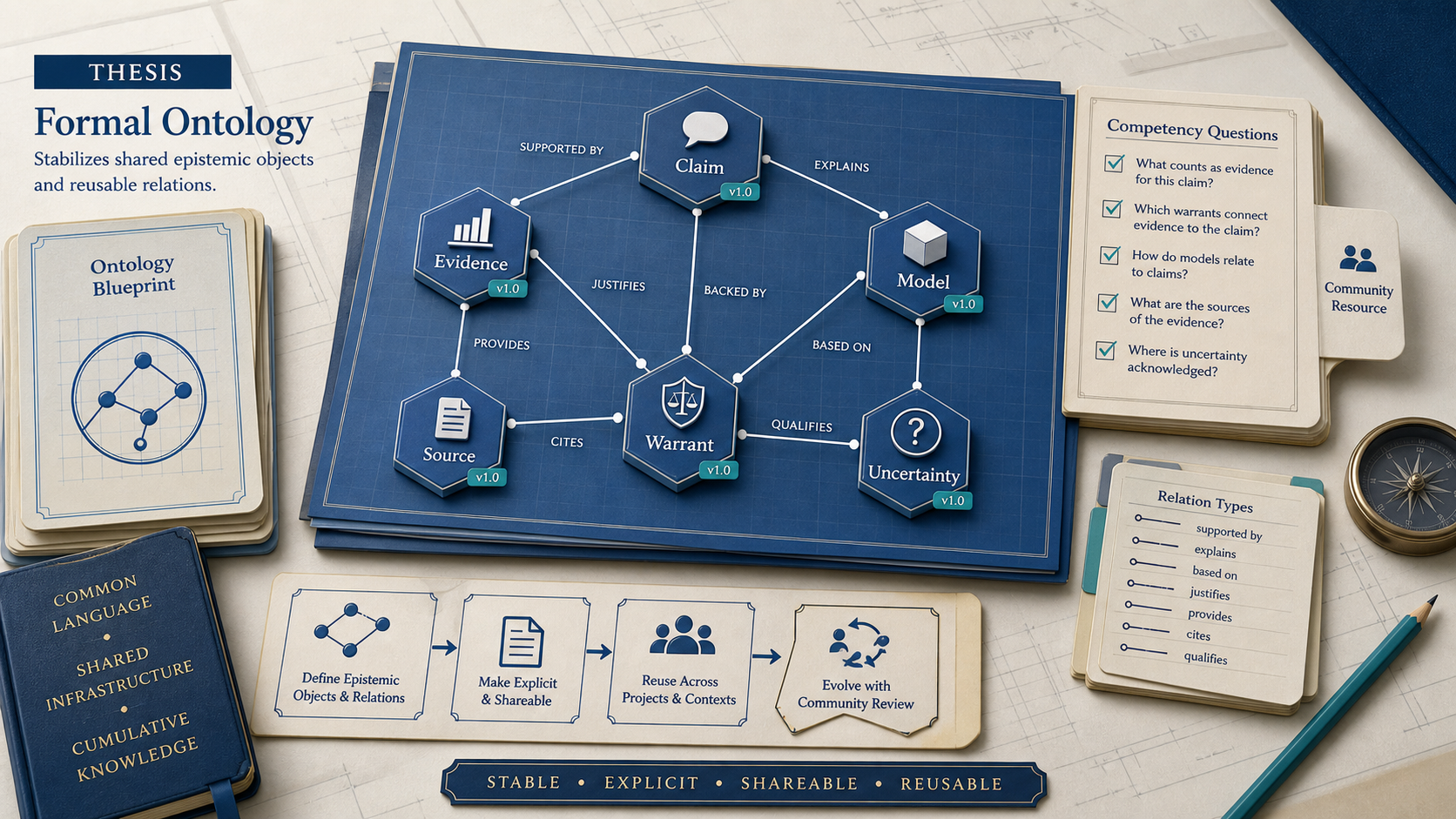 A blue ontology scaffold organizes reusable epistemic objects such as claim, evidence, model, warrant, source, and uncertainty.