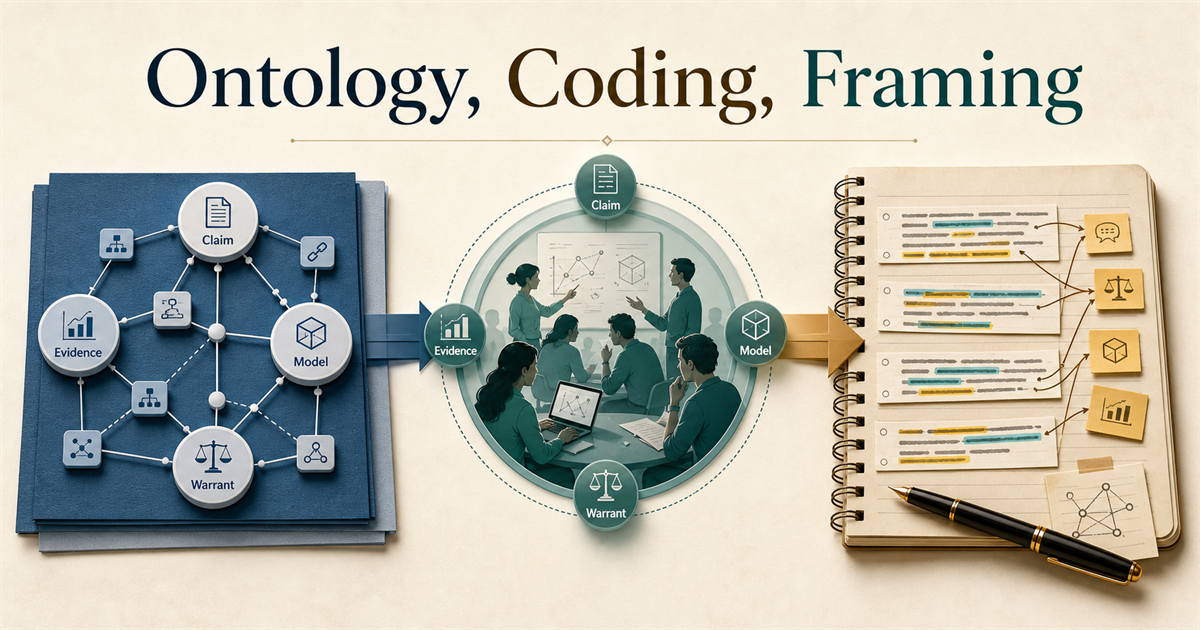Ontology and qualitative coding scheme handbook preview with blue formal structure and amber interpretive annotations meeting across a bridge