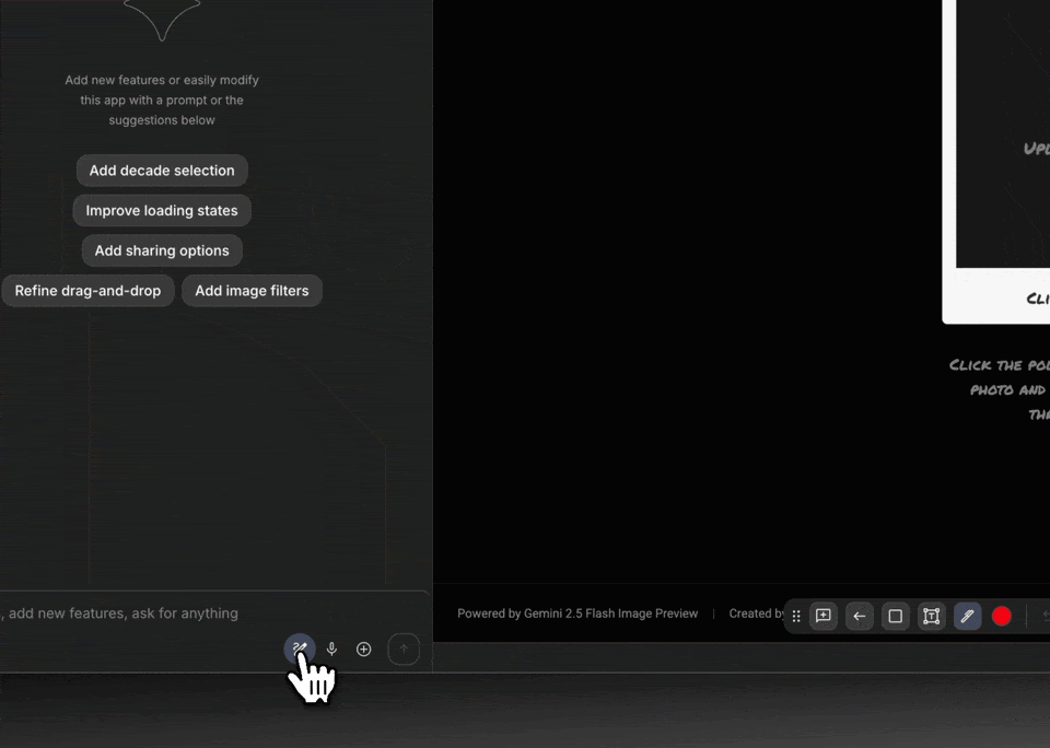 Google AI Studio Annotation Mode showing a UI region selected and edited with a natural language request