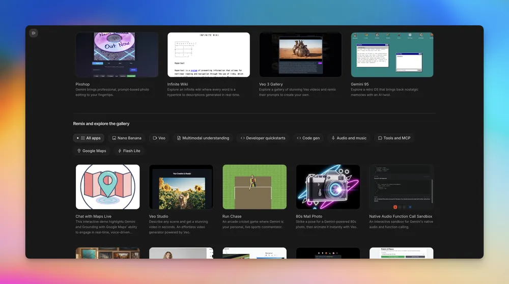 Google AI Studio App Gallery with example apps and category chips