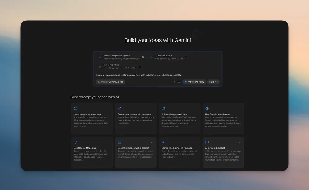 Google AI Studio vibe coding start screen with prompt box, feature chips, and build button