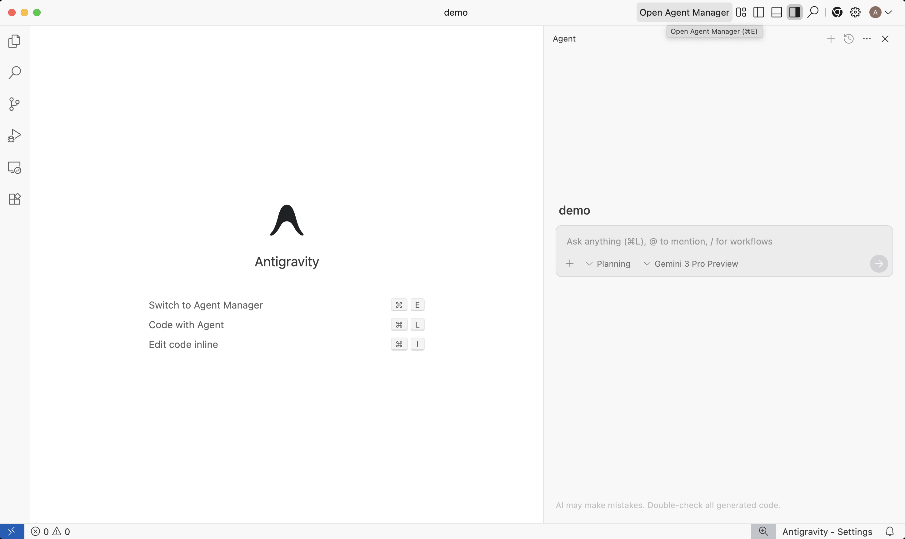 Google Antigravity editor view with coding agent side panel