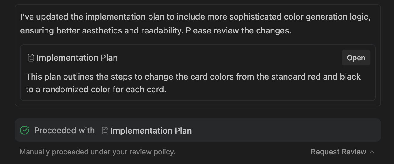 Google Antigravity review artifact screen showing implementation plan and manual review action