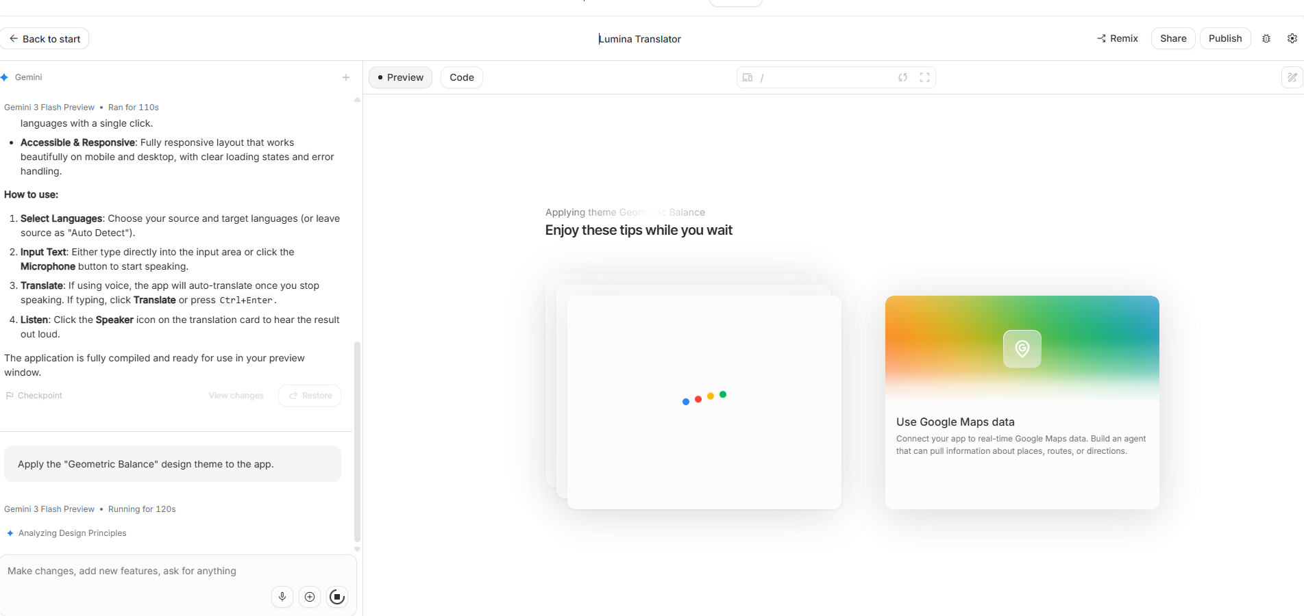Google AI Studio Build Mode showing the Lumina Translator app generated by Gemini 3 Flash Preview with Geometric Balance design theme applied