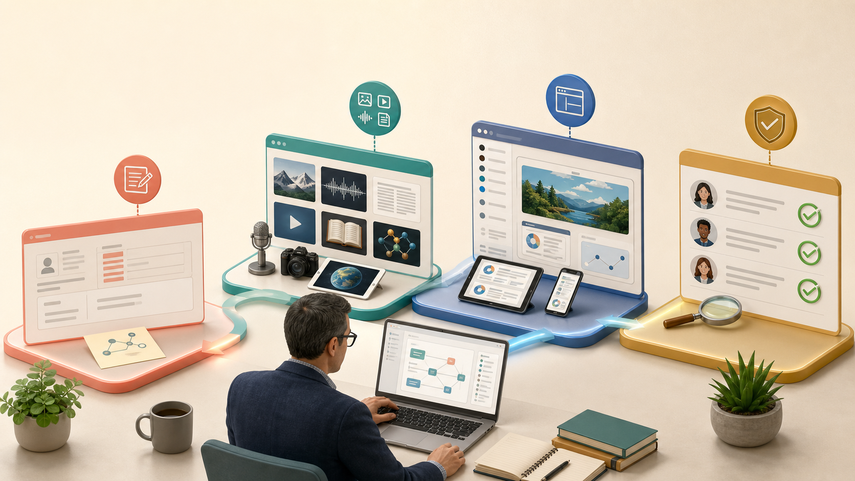 AI Studio workshop visual showing prompt brief, multimodal materials, app prototype, and quality gate workflow
