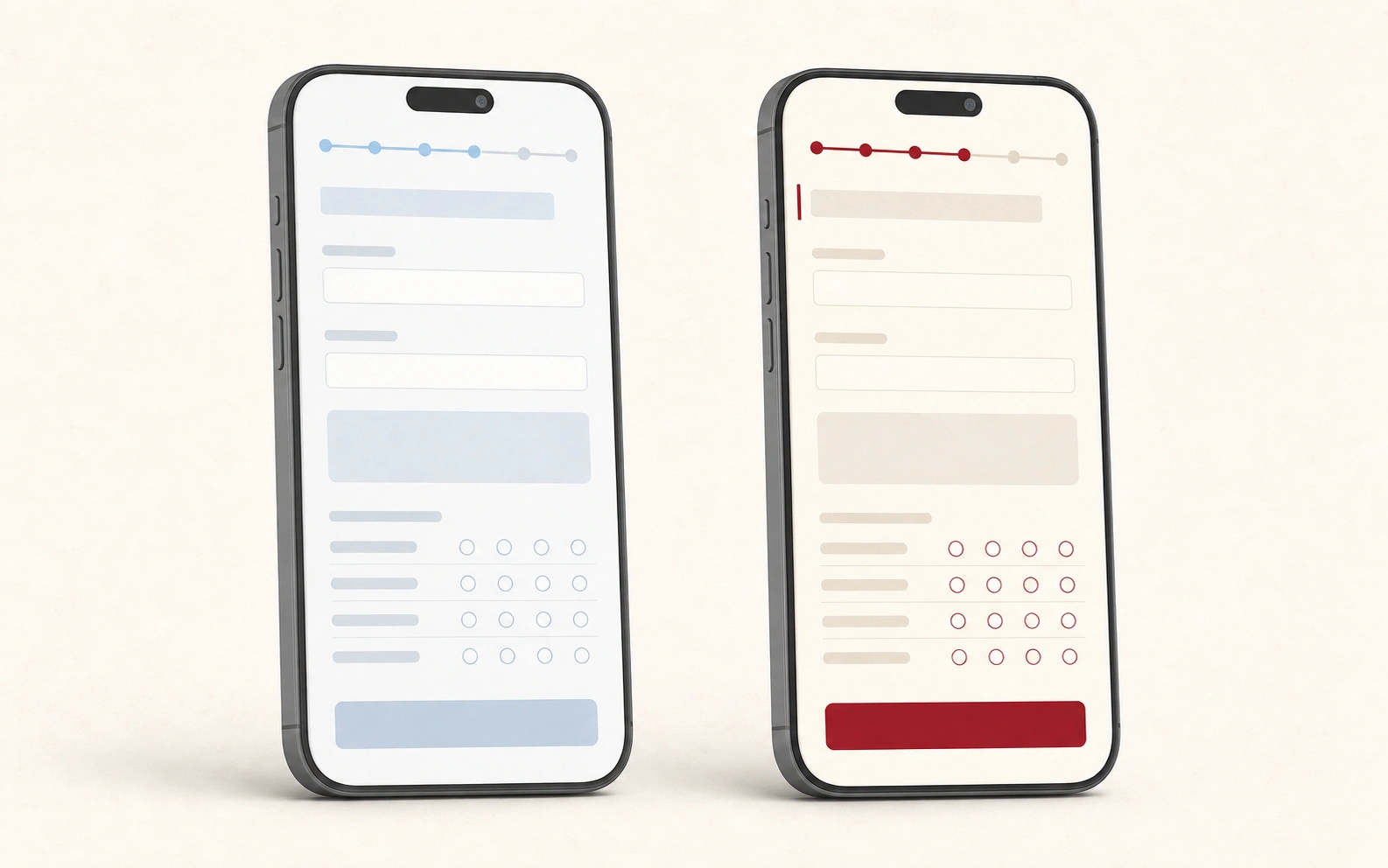 Two phone mockups: left shows a generic gray-and-blue Qualtrics form, right shows the same form rebranded in cream and crimson with header accent and themed progress bar