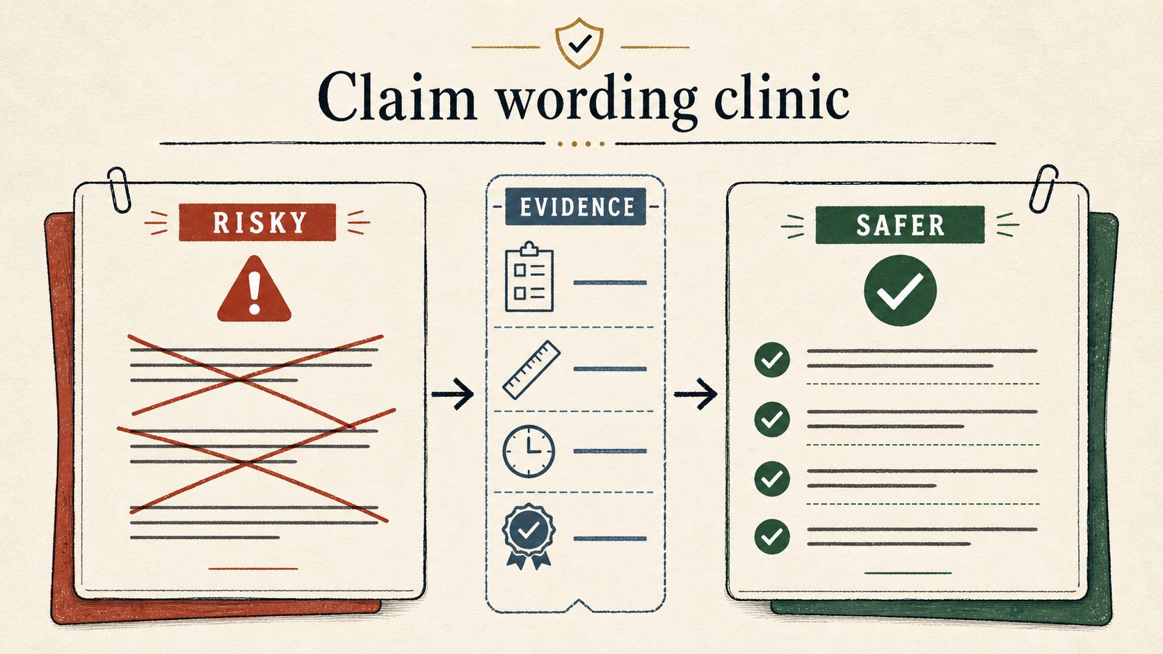 Illustration of risky claim wording passing through evidence checks and becoming safer claim wording