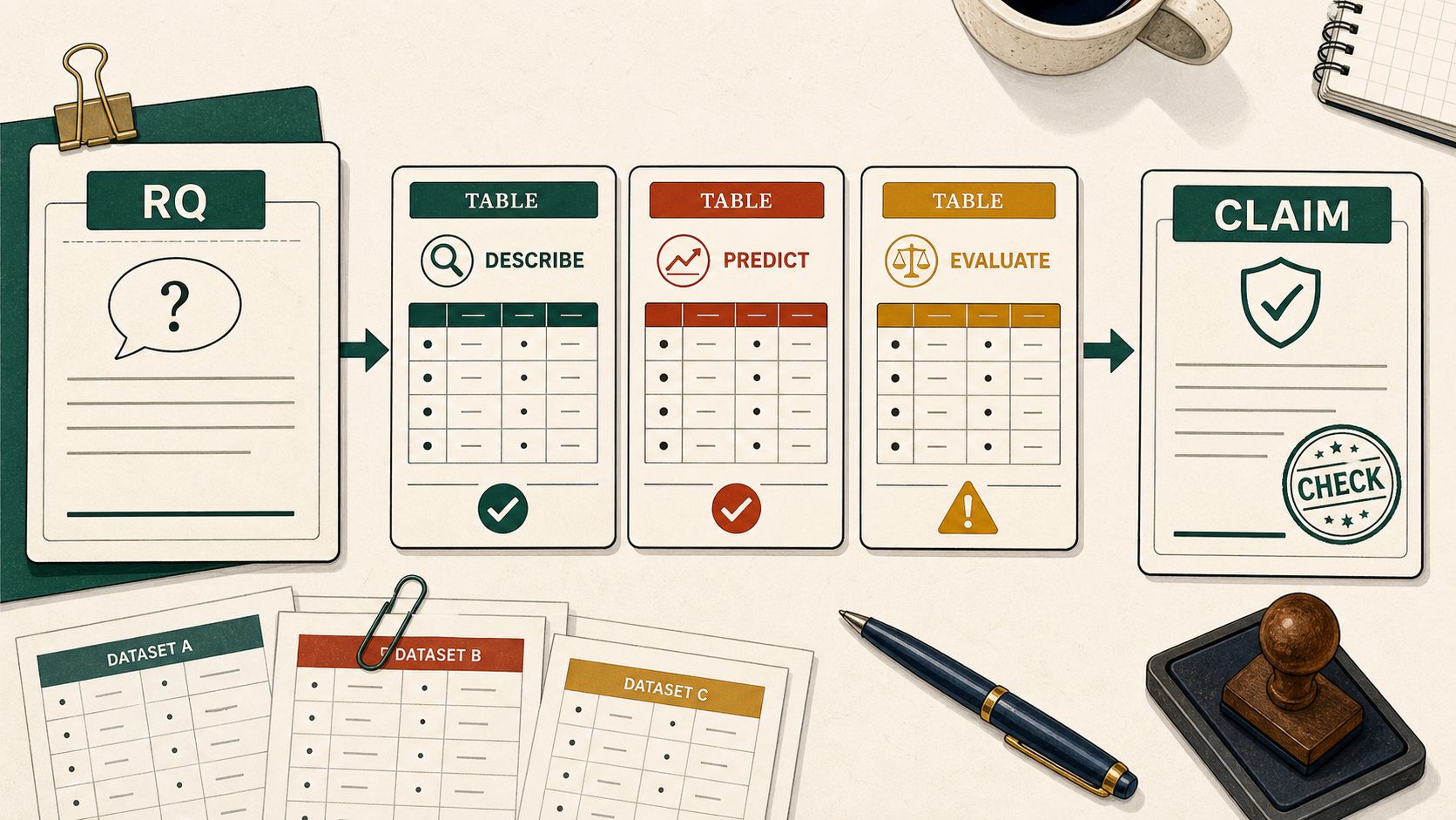 Illustration of a research question moving into analysis-ready tables and then into safe claim wording