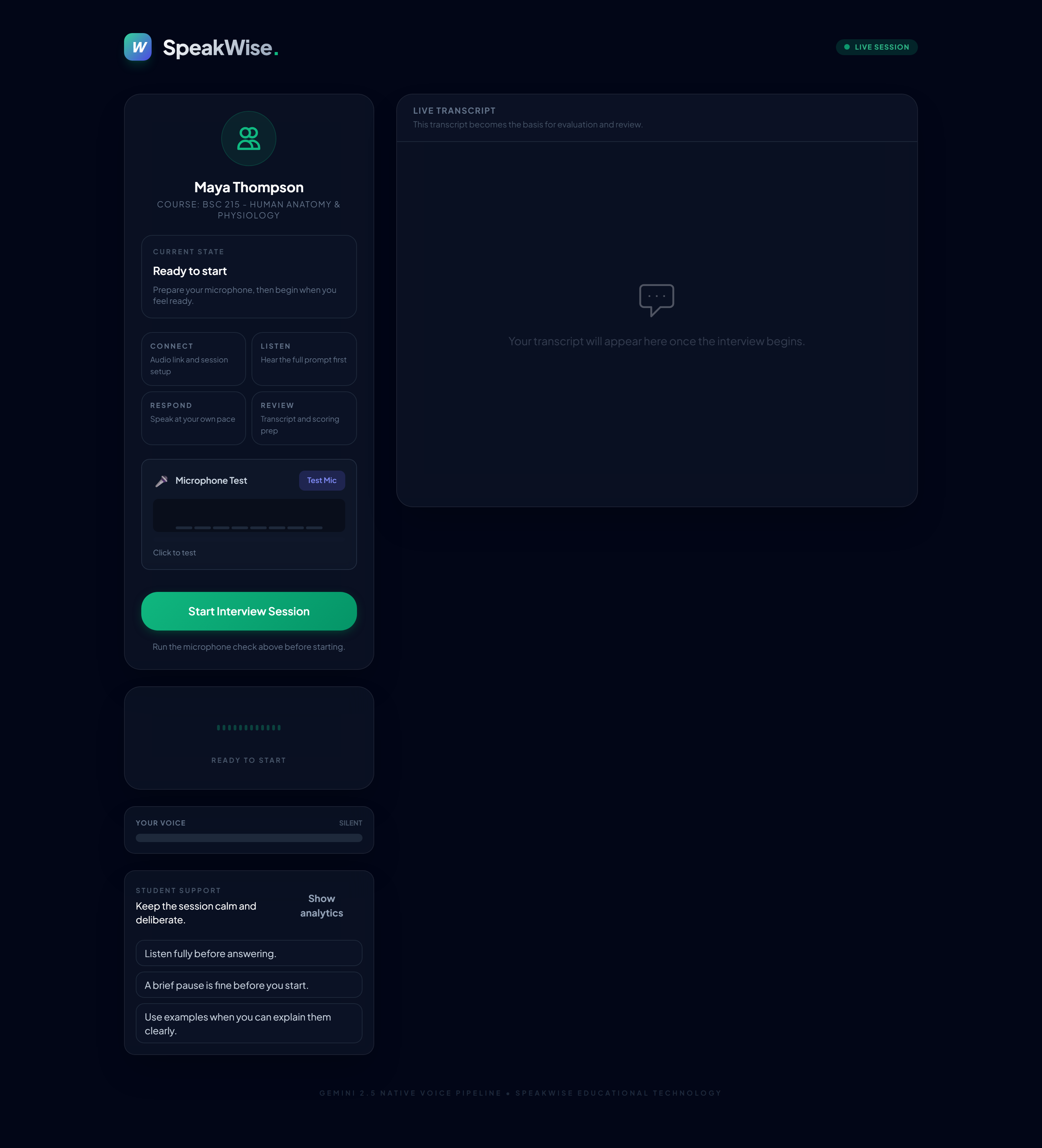 SpeakWise live oral interview interface with microphone calibration, turn detection, and real-time transcript
