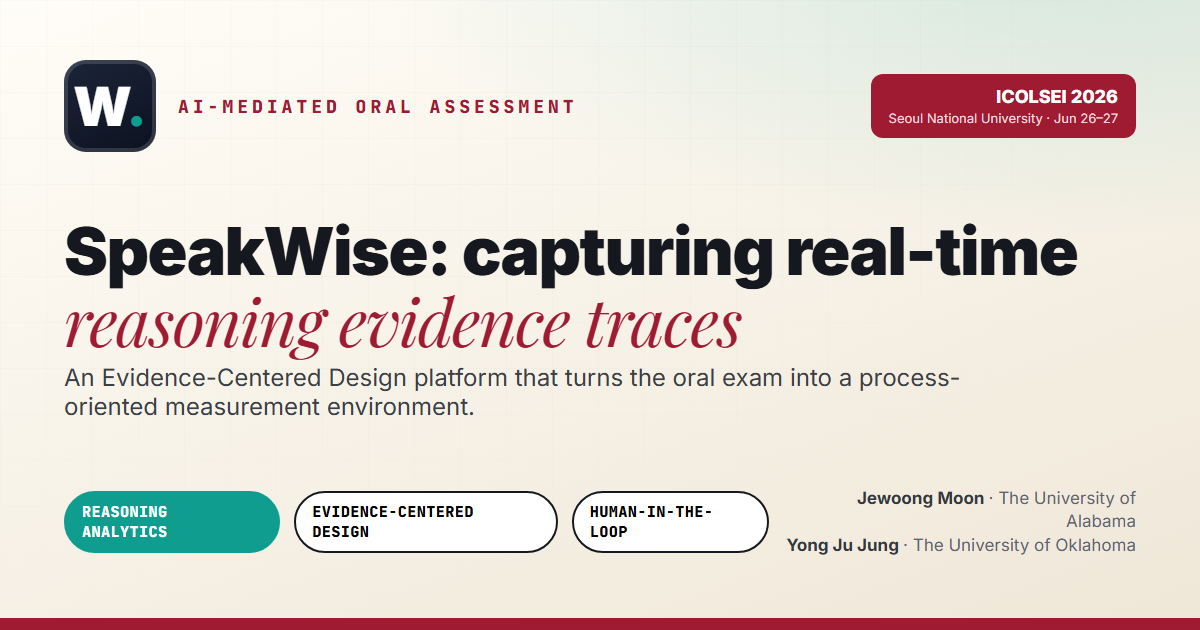SpeakWise project page preview — AI-mediated oral assessment, reasoning evidence traces, ICOLSEI 2026