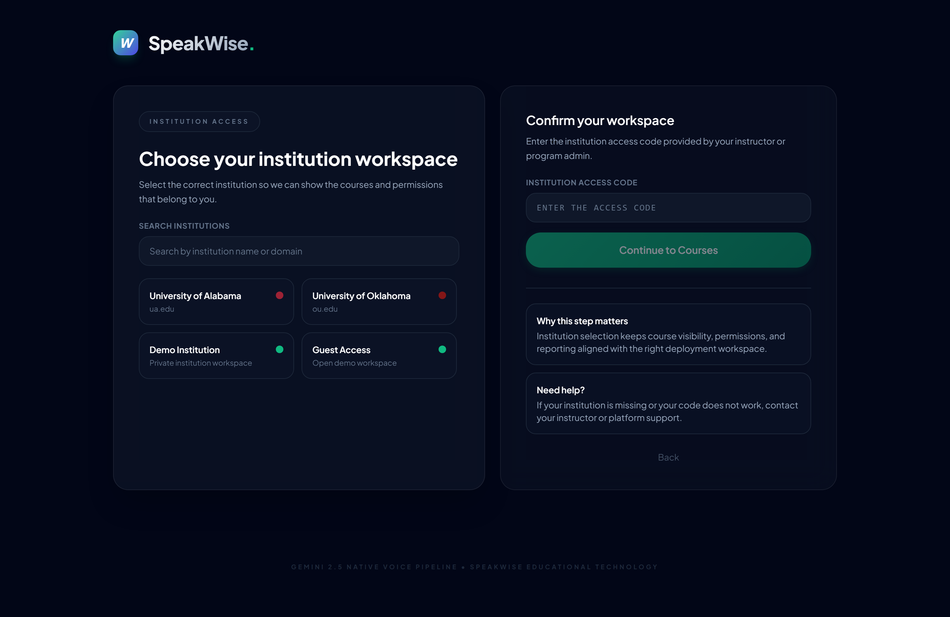 Institution / workspace selection