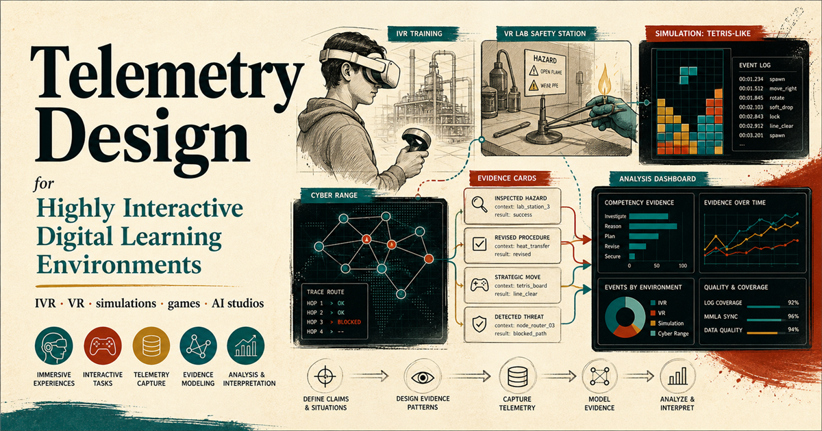 Telemetry Design for Highly Interactive Digital Learning Environments thumbnail with IVR, VR lab safety, Tetris-like simulation, cyber range, evidence cards, and dashboard panels